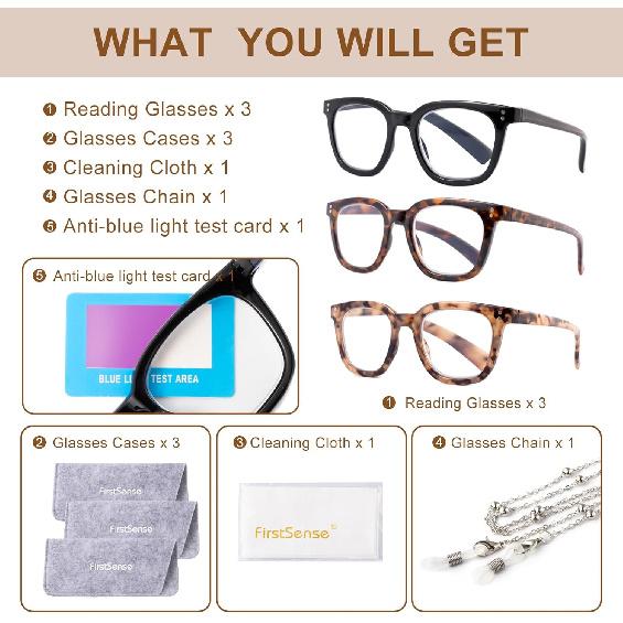 3 Pack Reading Glasses for Women Men, Square Blue Light Blocking Reading Glasses with Spring Hinge Anti Eyestrain Eyeglasses, Computer Readers with
