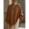 Women's V Neck Long Sleeve Knit Top Loose Fit Casual Mid Length Sweater Solid Cashmere Blend Jumper