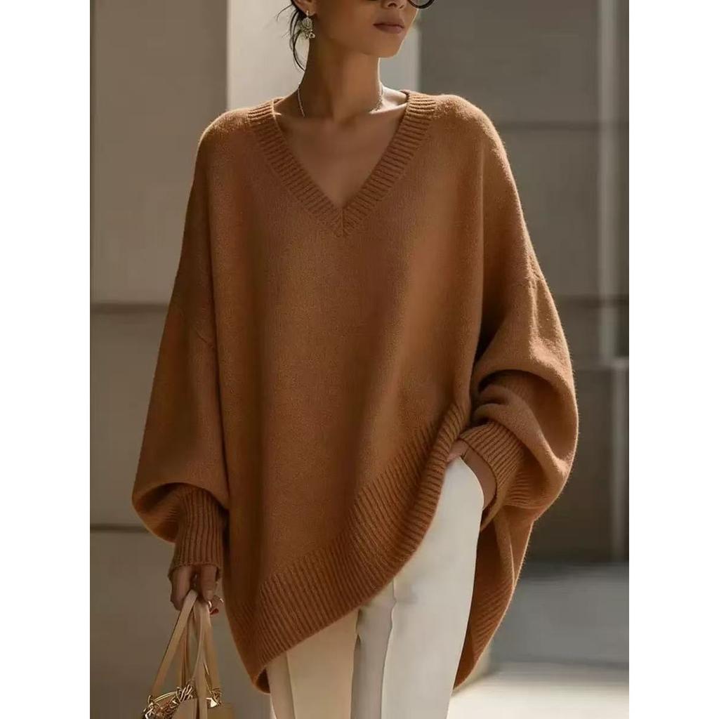 Women's V Neck Long Sleeve Knit Top Loose Fit Casual Mid Length Sweater Solid Cashmere Blend Jumper