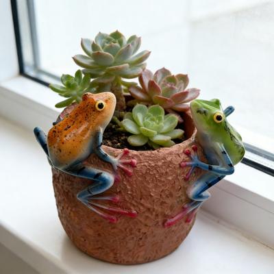 2 Pièces Jardinière avec 2 Grenouilles sur le Bord Pot de Fleurs Original en Résine Grenouille pour Plantes d'Intérieur Petit Pot Décoratif de Bureau Cactus pour Maison Bureau Jardin Décoration