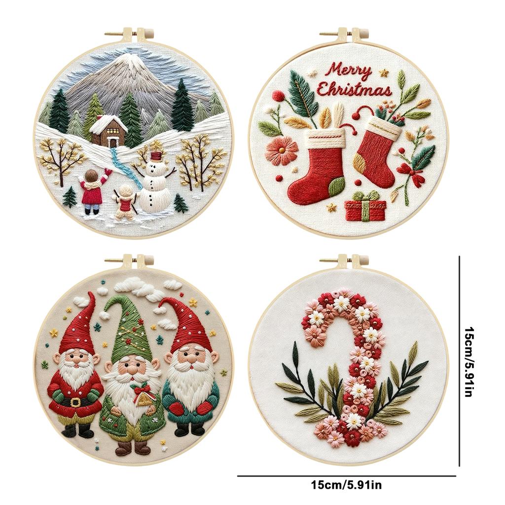 4pcs Embroidery Starter Kit with Embroidery Hoop Needles Threads Instruction Cross Stitch Set with Christmas Patterns for Adults
