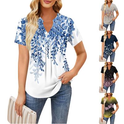 Damen Kurzarm Casual V-Ausschnitt Brustfalten Bedrucktes Loose T-Shirt Top