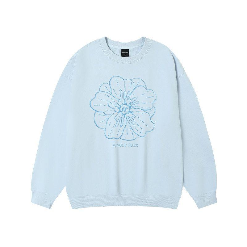 Jungle Tiger Floral Embroidery Heavyweight Pink Sweatshirt for Women, High Street Fashion Brand, Loose Casual Crew Neck Pullover Top for Men