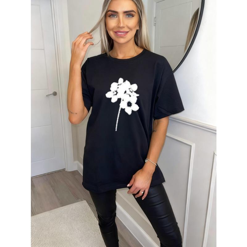 Black Oversized T Shirt With White Floral Print For Casual Wear