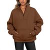 2026 Women's Stand Collar Fleece Hoodie with Pockets, Autumn-Winter Casual Loose Fit, Solid Color Ribbed Top.