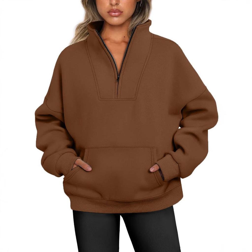 2026 Women's Stand Collar Fleece Hoodie with Pockets, Autumn-Winter Casual Loose Fit, Solid Color Ribbed Top.