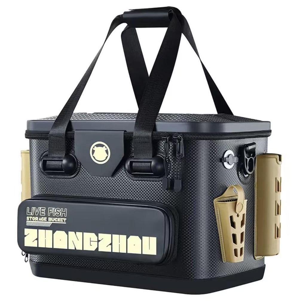 Seatable Multi-Purpose Fishing Bucket with Rod Holder, Lure Box, and Thickened EVA Live Fish Bag
