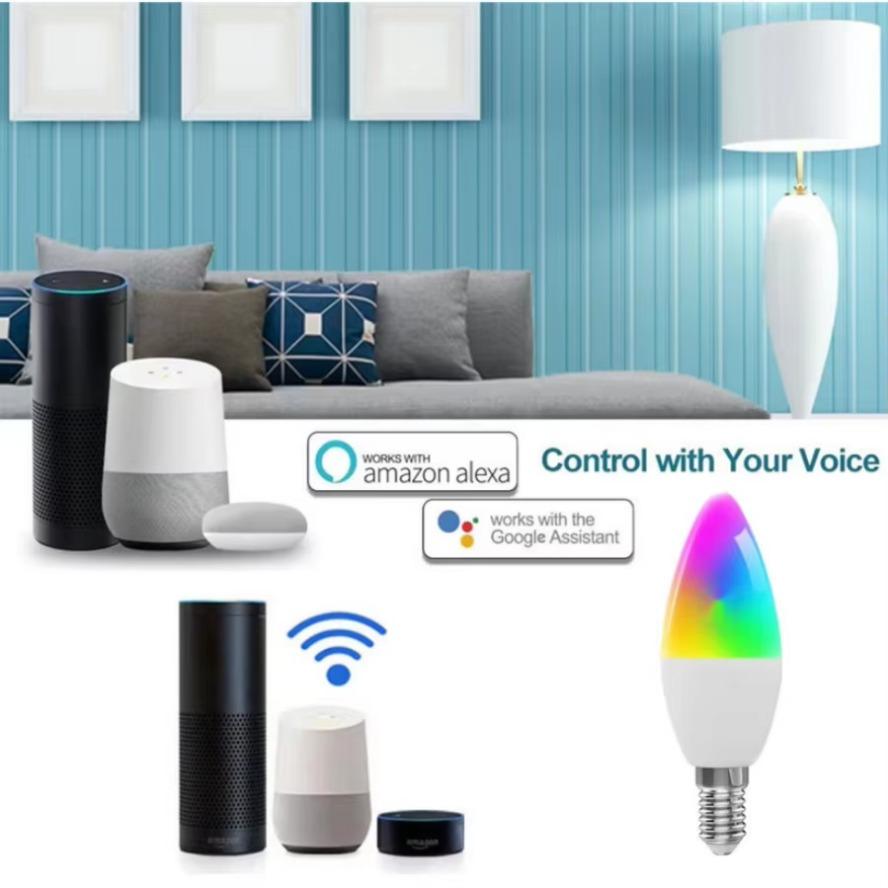 Intelligent Candle Lamp Wifi Light Bulb E14 RGB+CW+WW 5W Tuya Smart Life APP Voice Control Compatible Alexa Google Home Dimmable