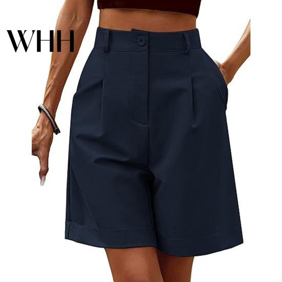 Women Shorts Summer Elastic High Waist Loose Side Pockets Straight Above Knee Length Soft Solid Color Breathable Daily Casual Business Office