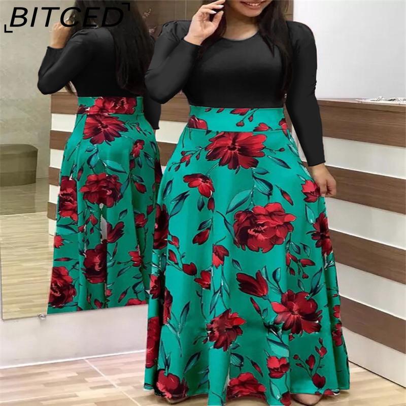 BITCED Floral Print Patchwork Long Sleeve Bohemian Dress Women Spring Autumn O-Neck Big Swing Long Dresses