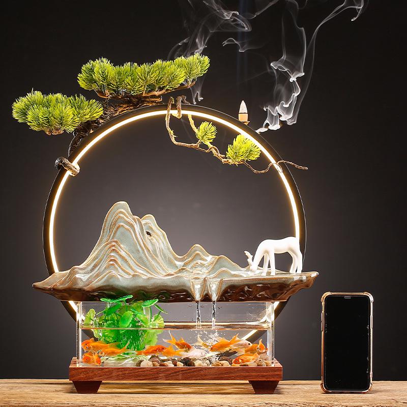 Chinese Wealth-Attracting Water Fountain with Fish Tank - Creative Ornament for Home or Office