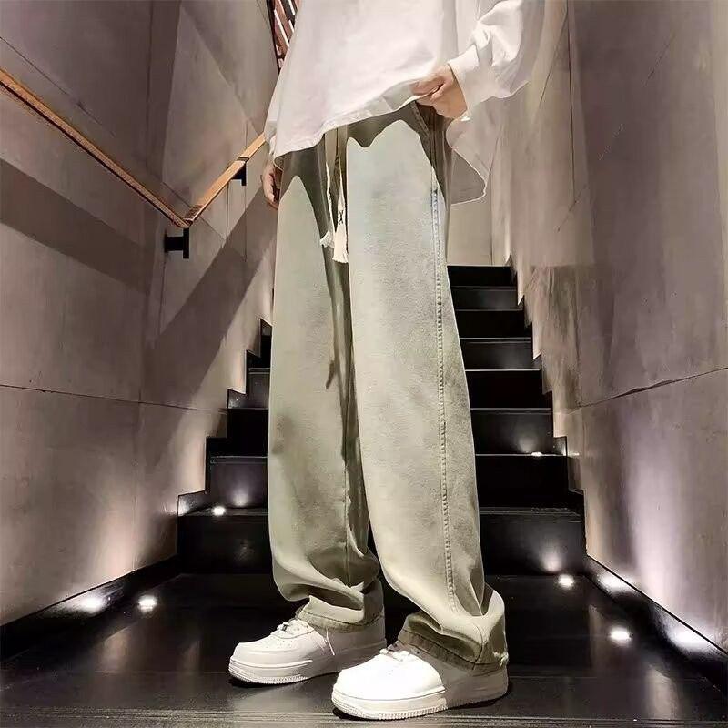 Modă Șnur Culoare Deschisă Jeans cu Talie Elastică Băieți Largi Drepți Modă Picior Larg Casual Mop Pantaloni Lungi