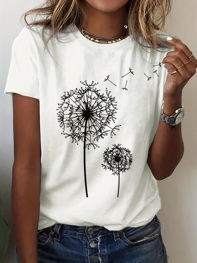 Dandelion Print Crew Neck T-Shirt Women T-Shirt Casual Short Sleeve Top Summer Women's Clothing Cartoon Streetwear Clothes
