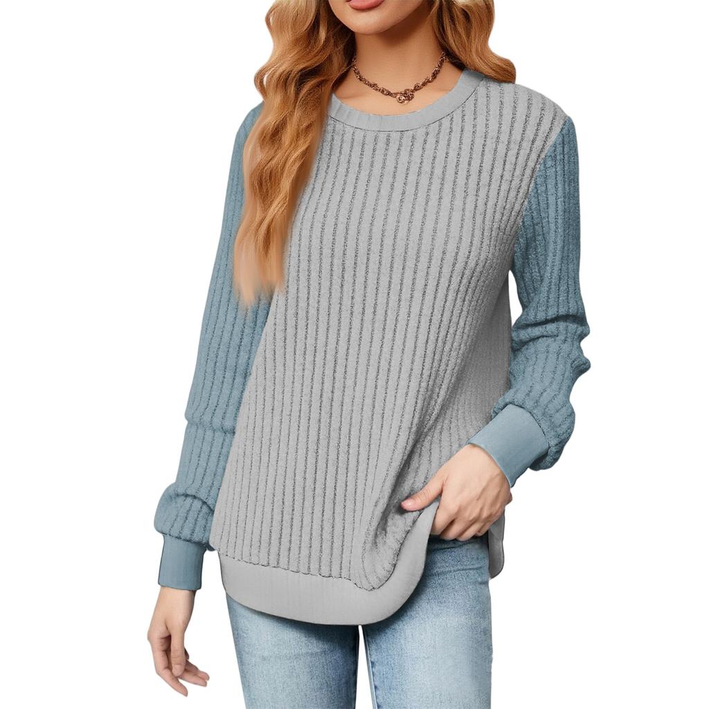 Modischer Damen Langarmpullover mit Farbblockdesign und lockerem Rundhalsausschnitt