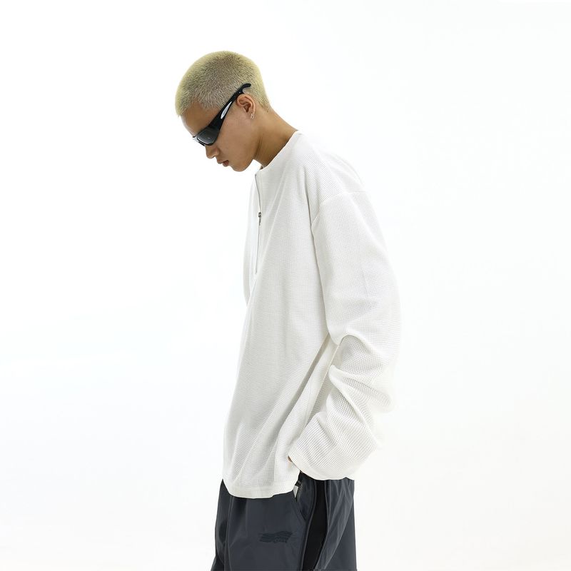 American Retro Fashion Brand Sweater Men's Fall and Winter New Arrival Loose Inner Wear Half Zipper Waffle Long Sleeves T-shirt Bottoming Shirt