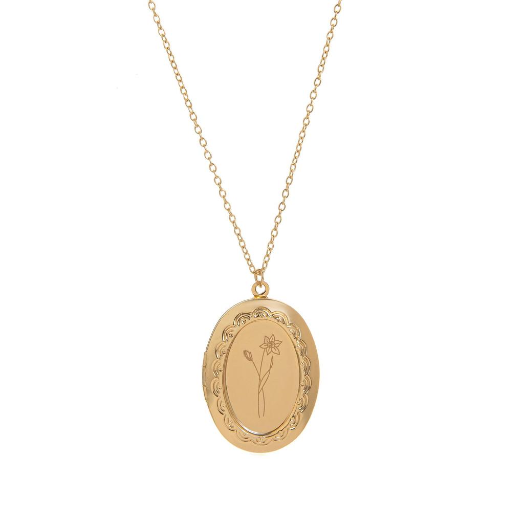 December Birth Flower Oval Necklace with Engravable Pendant and Photo Album Clavicle Chain