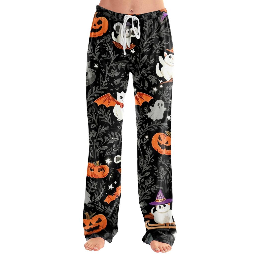 Damen Halloween Print Kordelzug Hose Lässige Lounge Hose Halloween Thema Bedruckter Elastischer Bund Entspannte Passform Hose