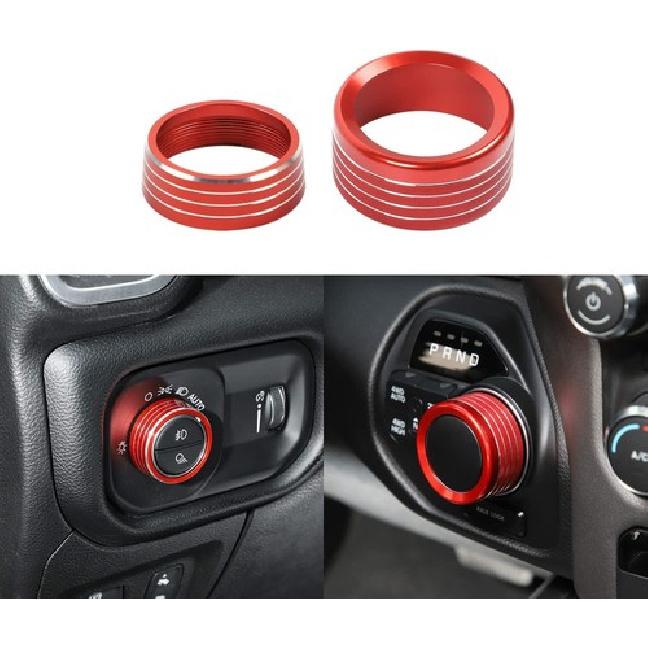 Interior Headlight & Gear Switch Knob Cover Trim Ring for 18+ Dodge RAM 1500 Red