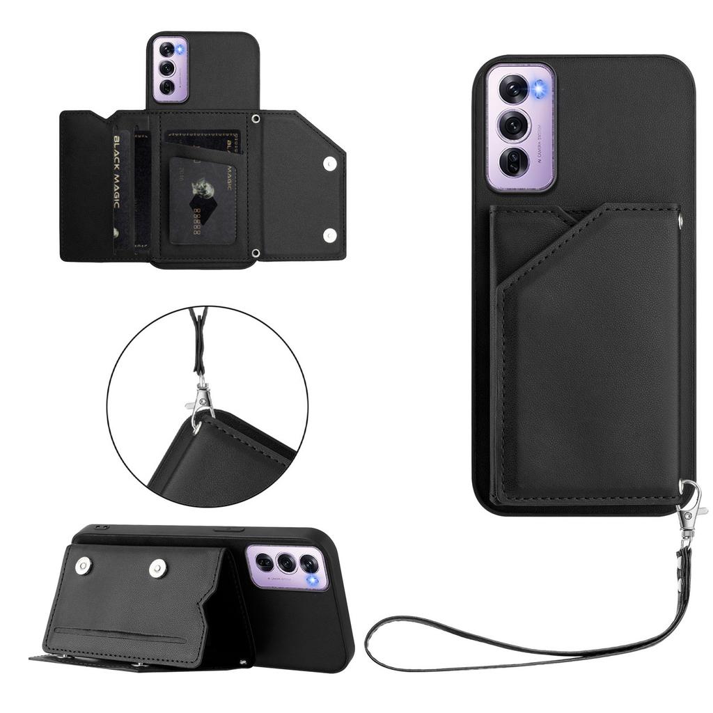 For Oppo Reno12 Pro 5G (Global) Case Card Holder Kickstand Skin-Touch Phone Cover with Wrist Strap