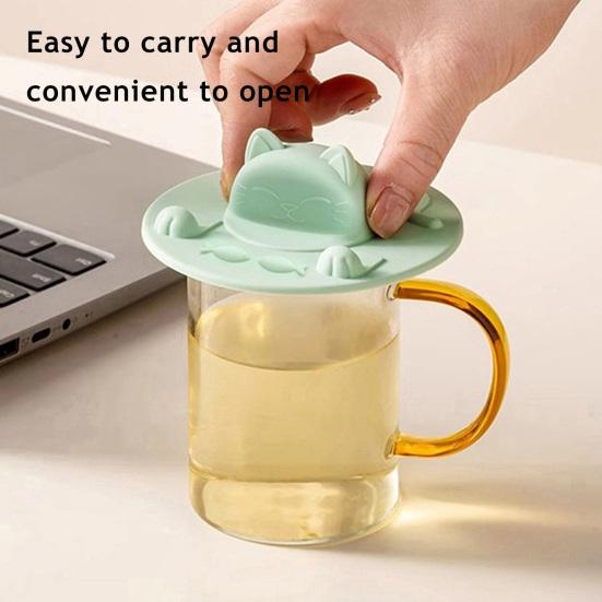 Cat Cup Lid Silicone Cover Heat-Resistant Non-Slip Hot Beverage Lid with Tea Bag Slot Cat Head Shape Microwave Dishwasher Safe Cup Lid