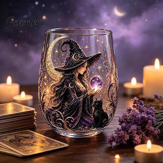 Regalo Stile Fantasy per Amici Tazza in Vetro Strega Magica, Bicchiere Trasparente Tema Retro Halloween, Vetro con Stampa Motivo Unico Decorazione Gotica di Nicchia
