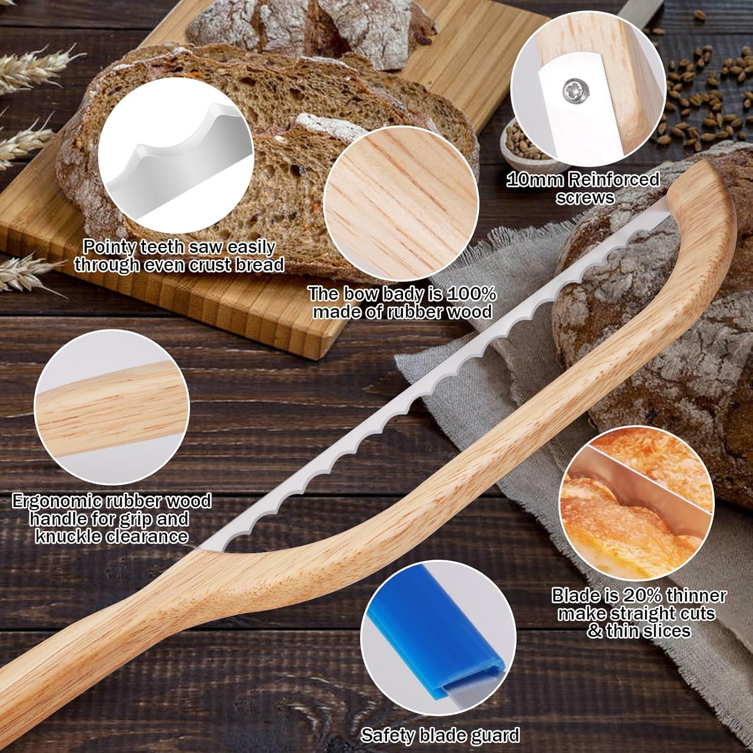 Wooden Sourdough Bread,16  Serrated Bread Cutter for Homemade Bread,Bagels, Baguettes and More,Bow Bread,Fiddle Bow Design Easy to Cutting,Premium