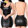 Sexy Faux Leather Dress Backless Club Party Short Dress Solid Black Wet Look Latex Bodycon Push Up Bra Mini Micro Dress