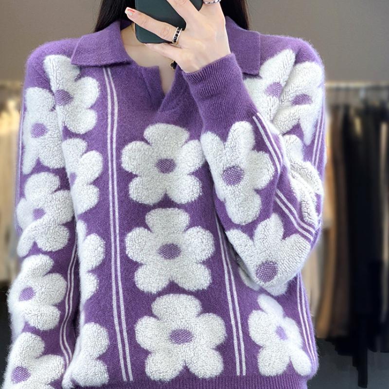 Lapel Contrasting Thickened Cardigan for Women In Autumn and Winter New Style Flower Jacquard Wool Sweater Fashionable and Versatile Base Shirt