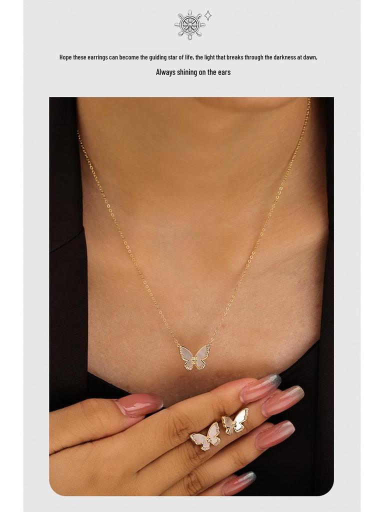 2025 High-End Butterfly Shell Earrings & Necklace Set - Elegant Luxury Clavicle Chain for Women