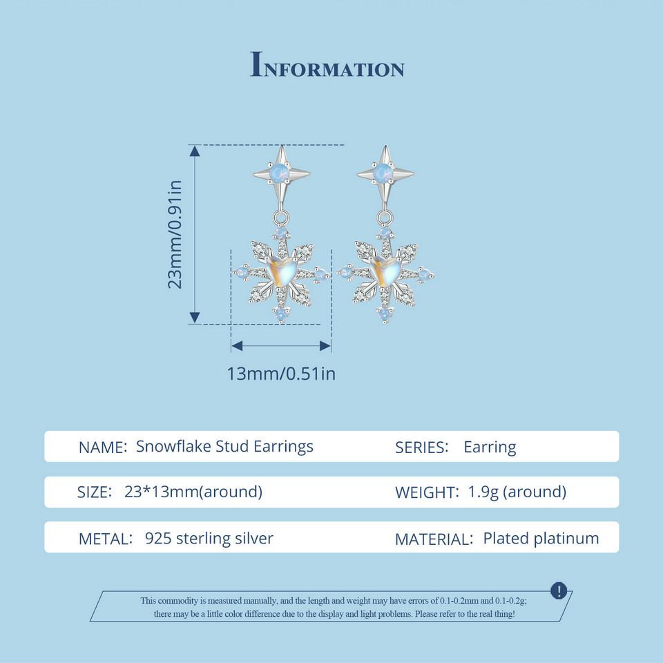 BAMOER 925 Sterling Silver Snowflake Stud Earrings Heart Shape Opal Earrings for Women Delicate Fine Jewelry Gift