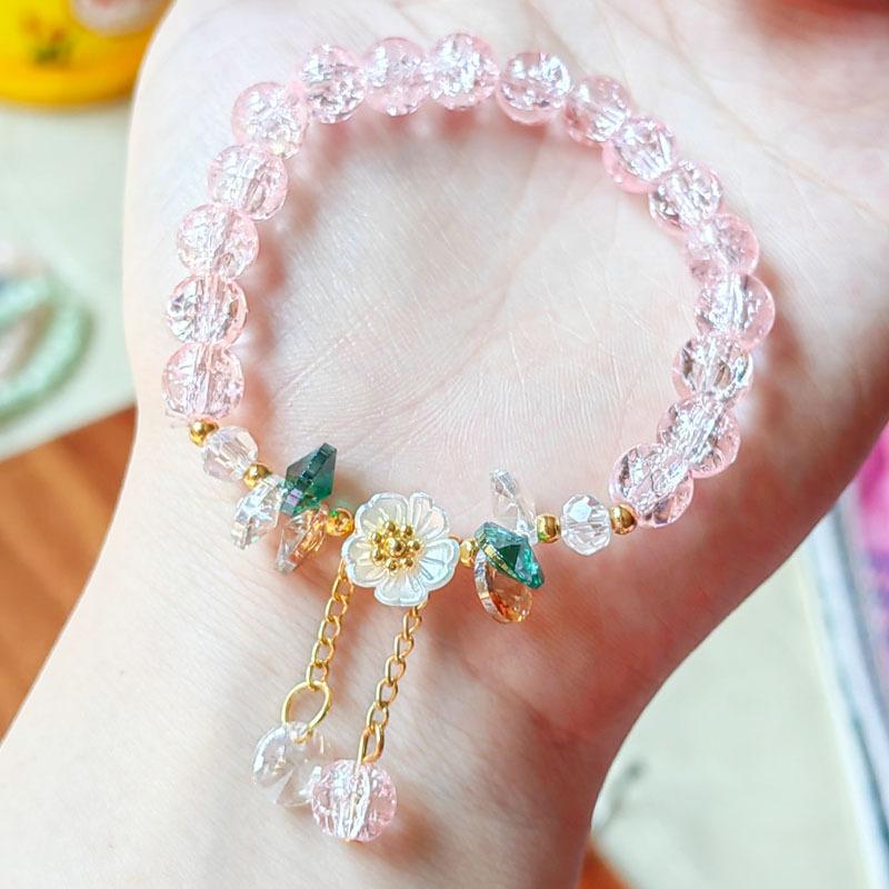 Cute Green Crystal Bead Bracelet for Women Trendy Lily Valley Flower Charm Elastic Adjustable Bracelet Wedding Birthday Jewelry