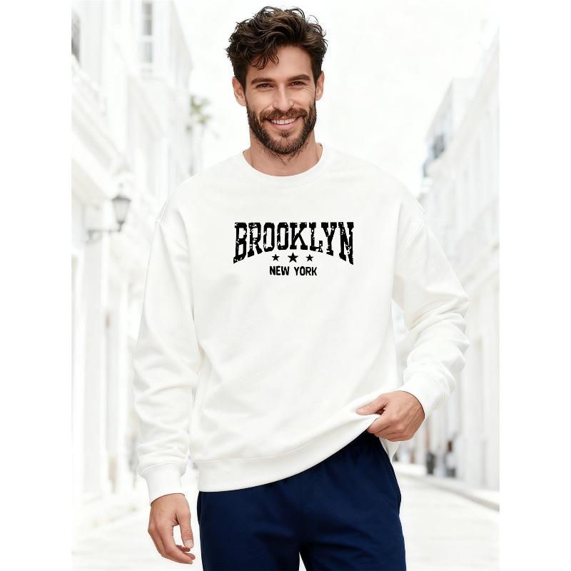 Herren BROOKLYN NEW YORK Slogan Grafik Lässiger Rundhals-Pullover 100% Baumwolle Bedruckter Langarm-Rundhals-Pullover