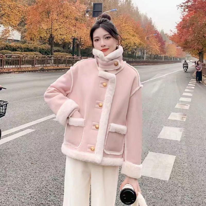 Women Thickened Loose Cashmere Patchwork Jacket Winter Solid Color Long Sleeve Warm Casual Coat Single Breasted Outerwear