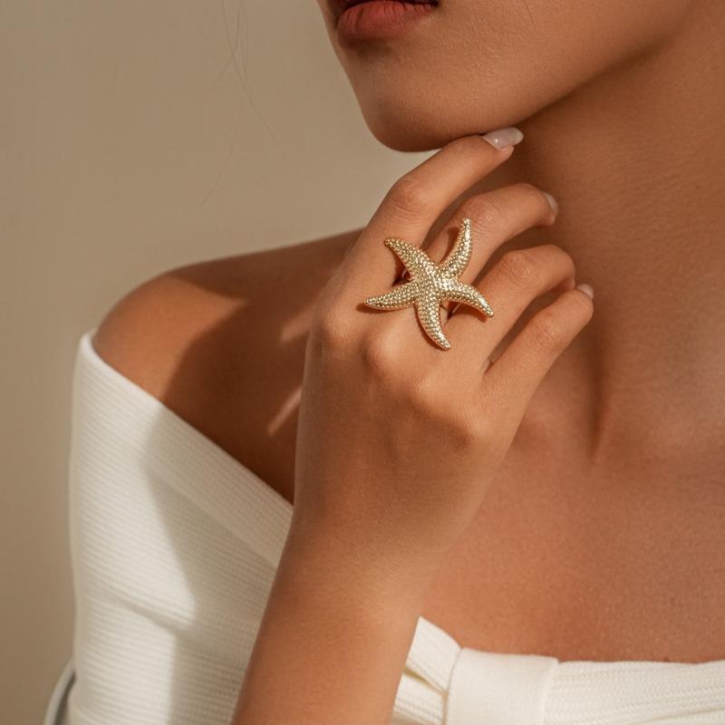 

Pearl ring set, starfish jewelry, women s niche high-end jewelry, hollow open ring.