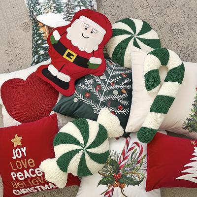 Christmas Candy Cane Pillow, Art Deco Stripe. Embroidered, Hand Wash, Polyester Fill. For Home & Party Decor.