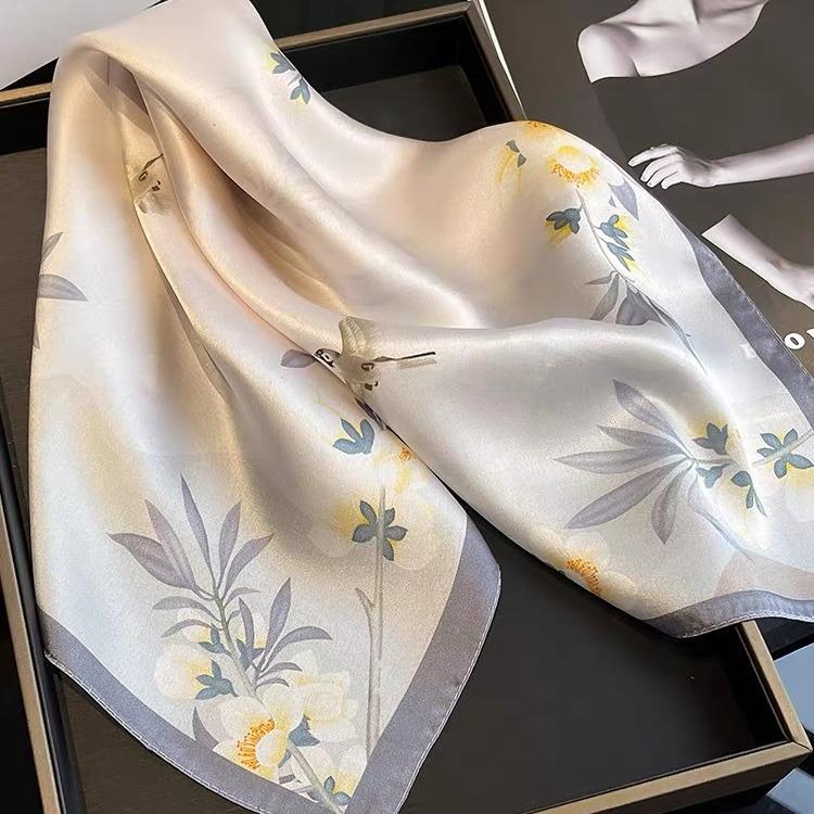 Dámský béžový hedvábný šátek - 53 cm Korejský styl Tištěný čtverec, 100% morušové hedvábí na jaro/léto