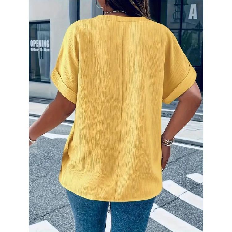 T-shirt Casual da Donna Taglie Forti Casual Colore Unico Bottoni Scollo a V Elegante Colore Unico Manica Corta Abbottonata Moda Quattro Stagioni Nuovo