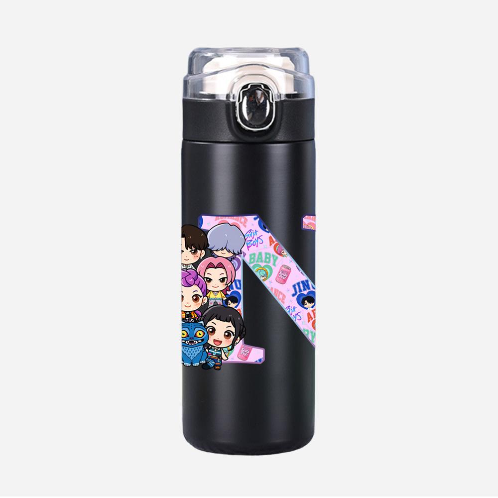 26 English Letter K-Pop Demon Hunters Printed 400Ml Water Bottle Thermos Cup Portable Stainless Steel Leak Proof Camping Water Cup Kid Gifts