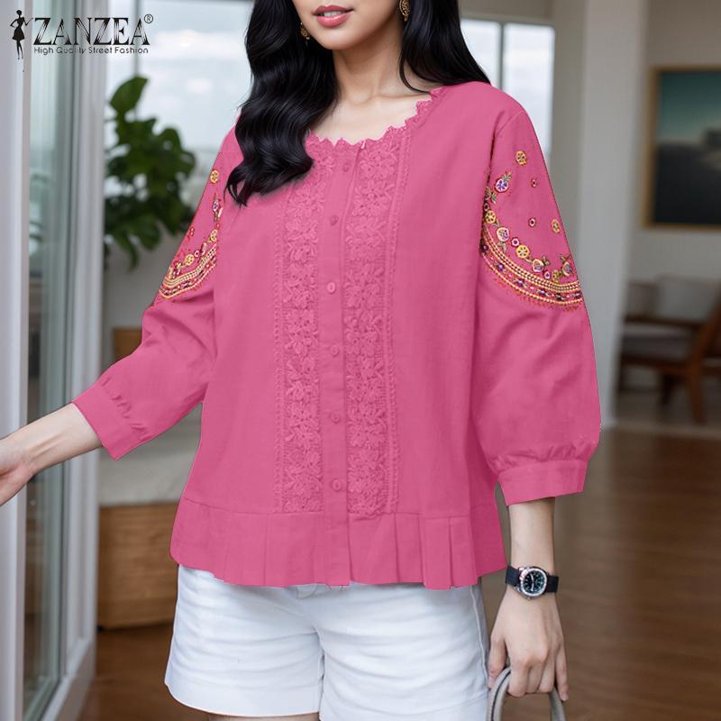 ZANZEA Womens Casual Embroidery Lace Patchwork 3/4 Sleeve Loose Blouse