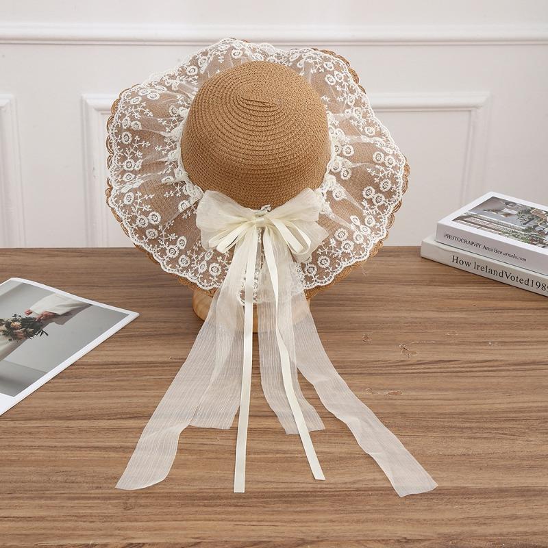 Summer Bow Sun Hat Female, Seaside Beach Vacation Sun Hat Outdoor Big Brim Sun Hat Sweet Straw Hat