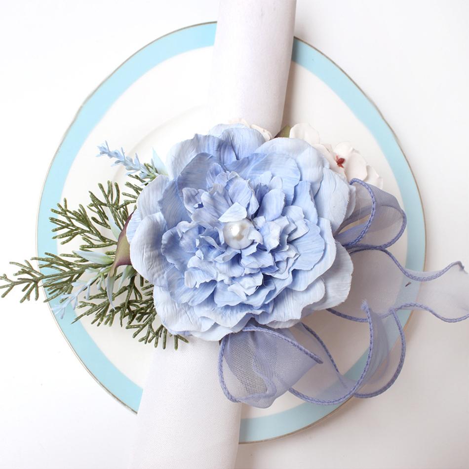 4PCS Simulation Eucalyptus Flowers Napkin Buckle, Pink Rose Napkin Rings, Festival Wedding Party Holiday Table Decoration