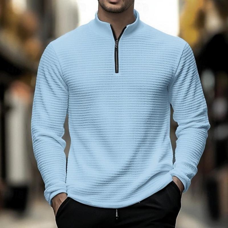 Men Waffle Knit Long Sleeve Top Half Zip Stand Collar Casual Pullover