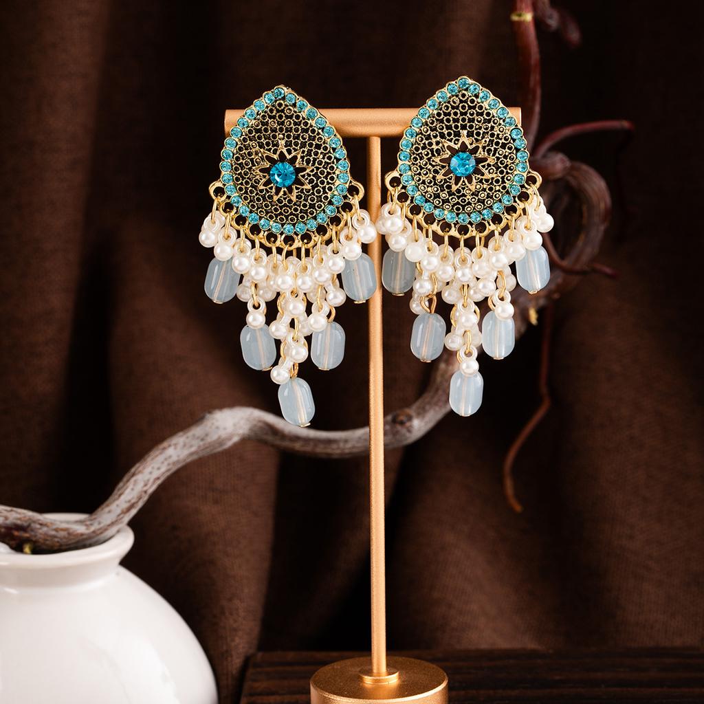 Diamond Drop Fringed Pearl Earrings Retro Bohemian Ethnic Stud Earrings Light Luxury Temperament Earrings