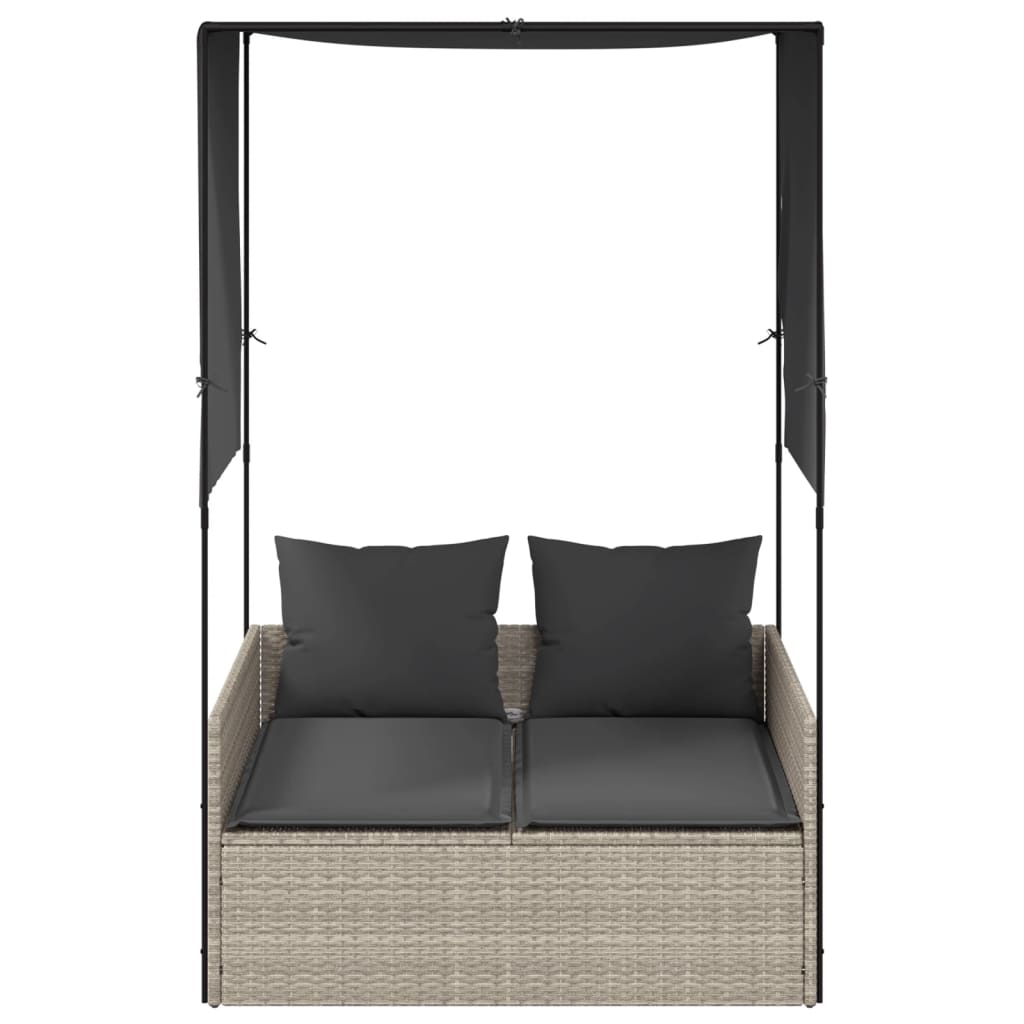 Double Sun Lounger with Canopy and Curtains Light Grey Poly Rattan