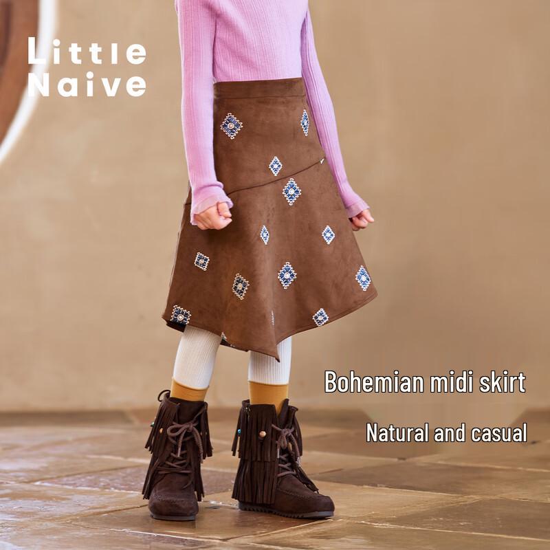 Little Naive Girls Retro Embroidered Suede Midi Skirt 120
