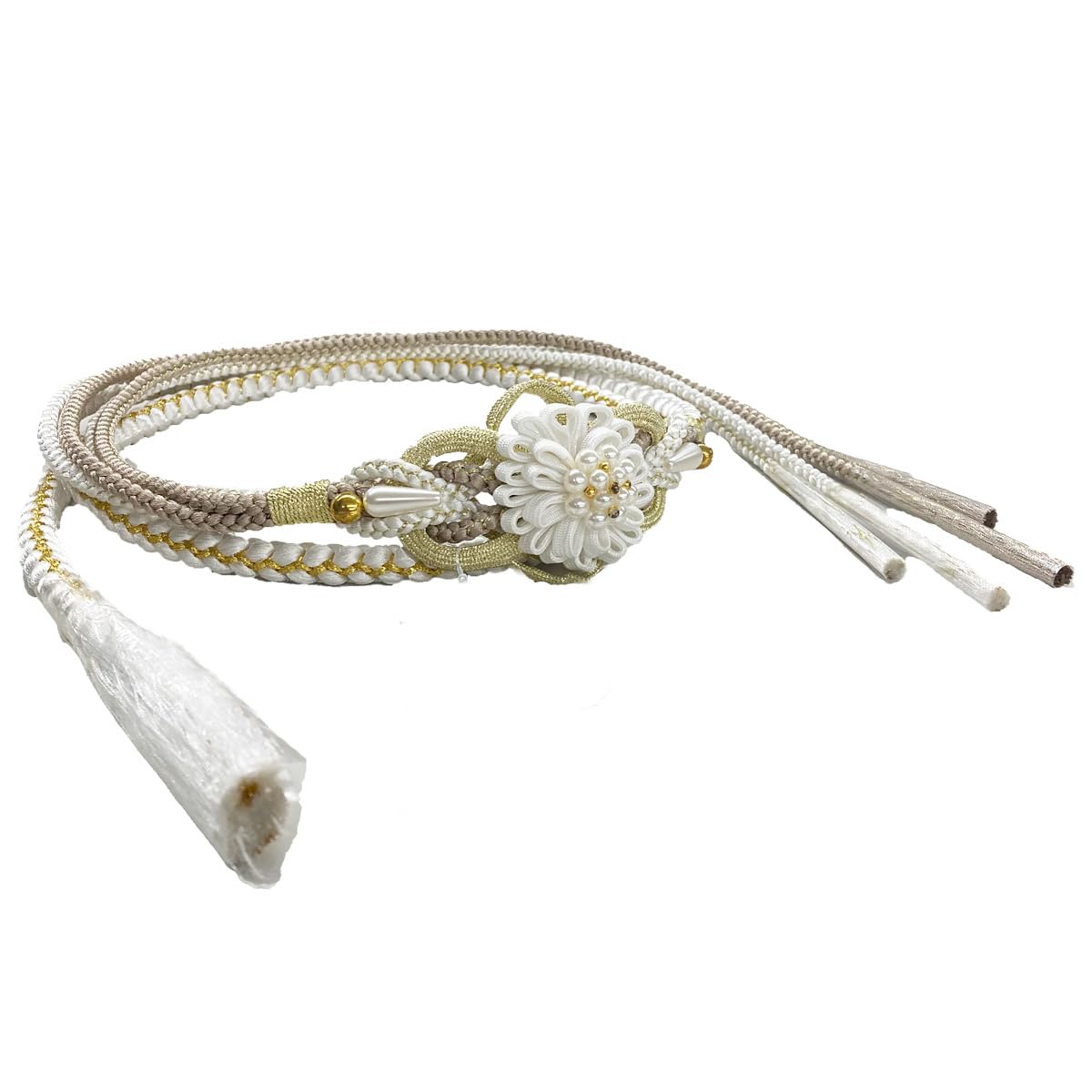 [Kyoto Kimono Yuzen] Obi-jime (kimono sash cord) for Furisode (long-sleeved kimono), pearl embellishment, pure silk, floral decoration, 100% silk,