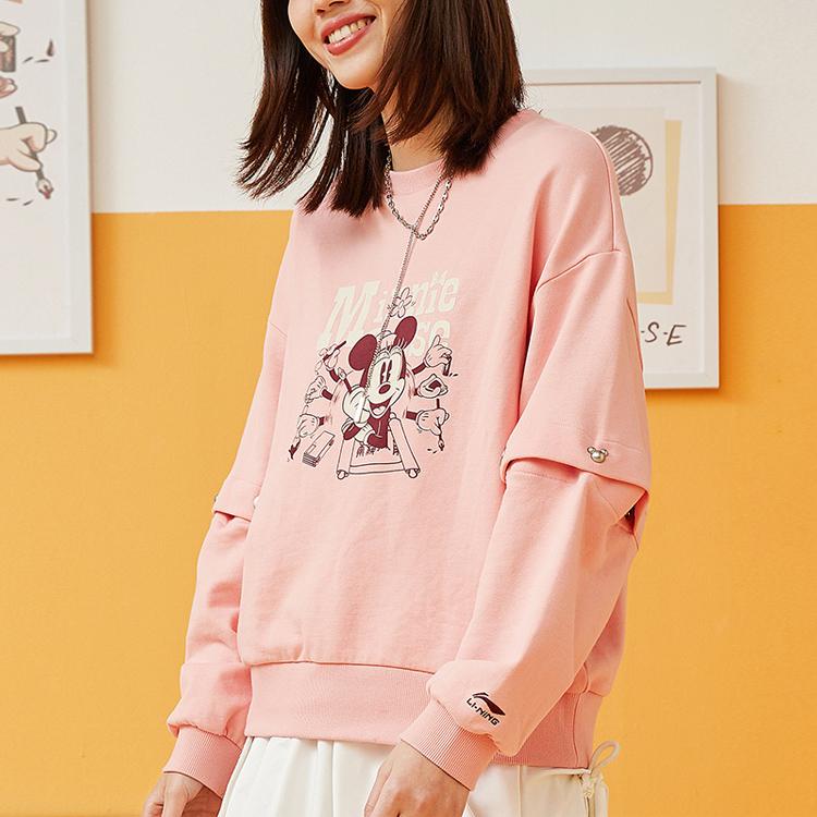 Li-Ning X Disney Joint Fashion Sport Series Printed Crew Neck Sweater Women Sweater Peach-Bud-Red AWDR140-1