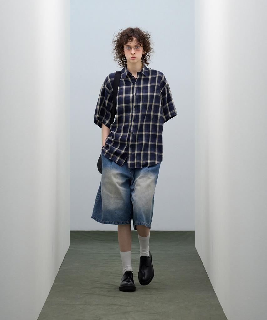 STANDARDERROR 87-Stan174 Heavy Washed Bermuda Denim Pants Deep Blue