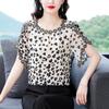 Women Spring Summer Elegant Loose  O-neck Temperament Printing Hollow Out Short Sleeve Chiffon Shirt Casual Trend Tops