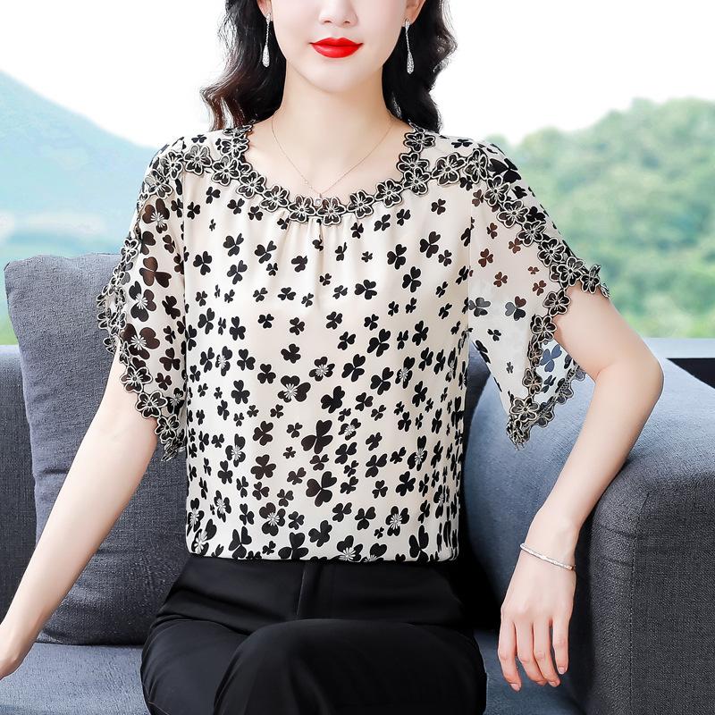 Women Spring Summer Elegant Loose O-neck Temperament Printing Hollow Out Short Sleeve Chiffon Shirt Casual Trend Tops